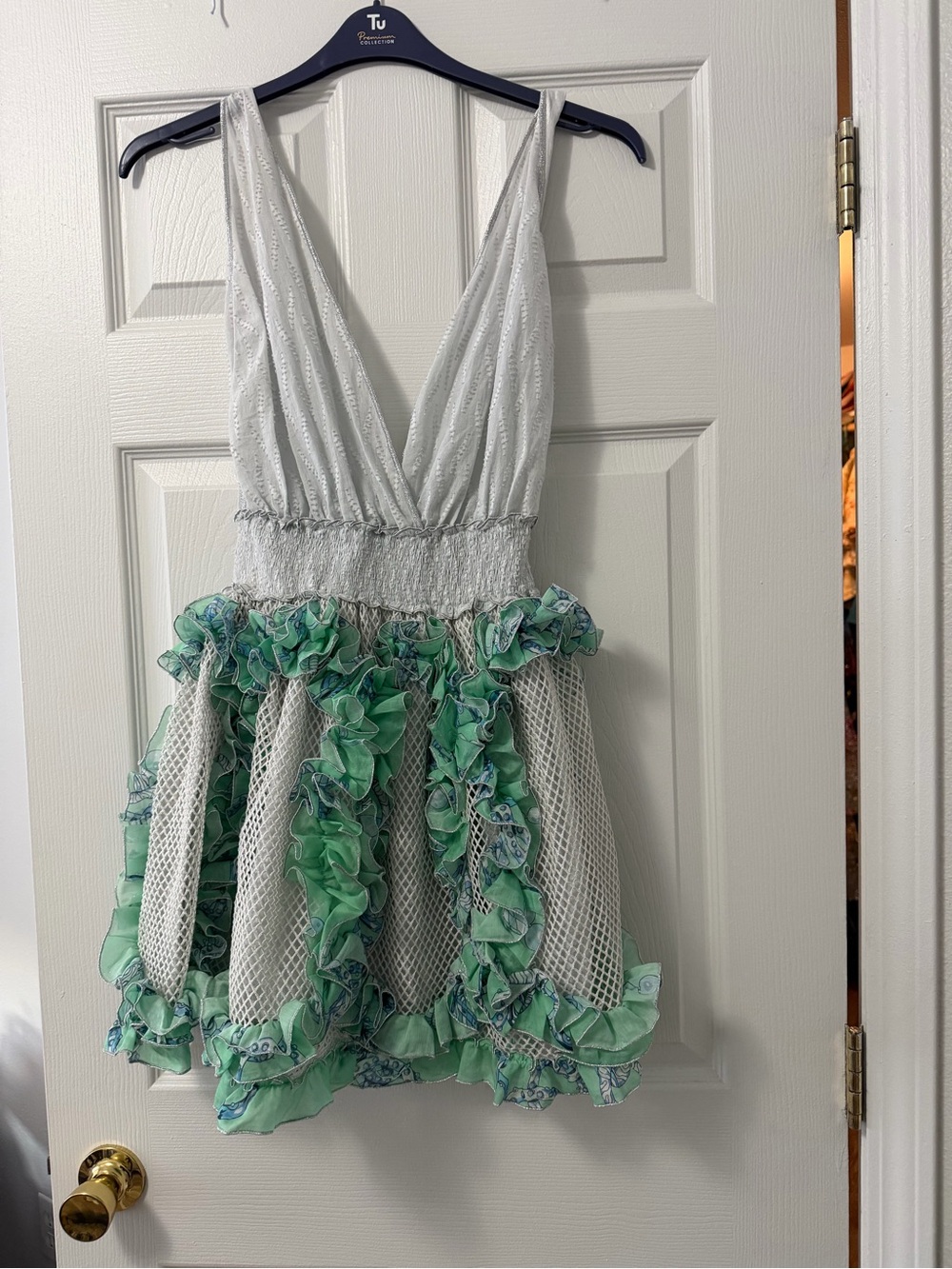 Chio di Stefania luxury White & Green Ruffle Mini Dress
